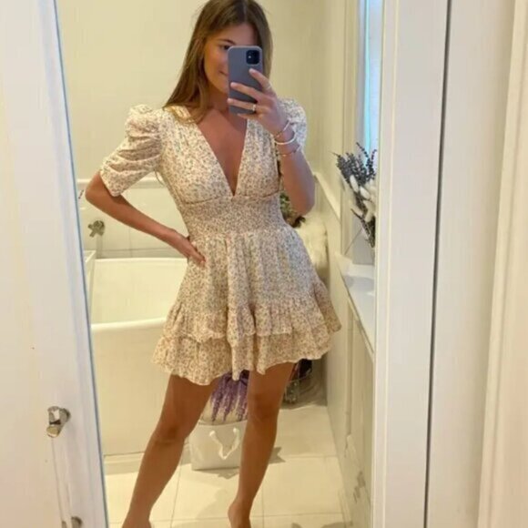 Cleobella Sadie Mini Dress Small Pink White Floral Puff Sleeve Boho Cottagecore - Picture 1 of 13